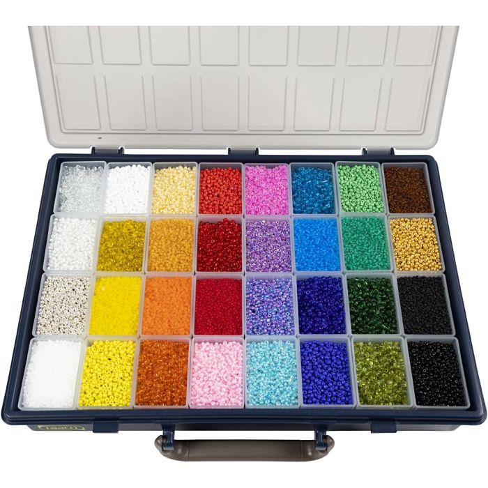 Rocaillesperler, dia. 1,7+3+4 mm, str. 6/0+8/0+12/0, hullstr. 0,5-1,2 mm, Farge kan variere , ass. farger, 32x100 g/ 1 pk.