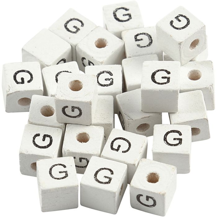 Bokstavperle, G, str. 8x8 mm, hullstr. 3 mm, hvit, 25 stk./ 1 pk.
