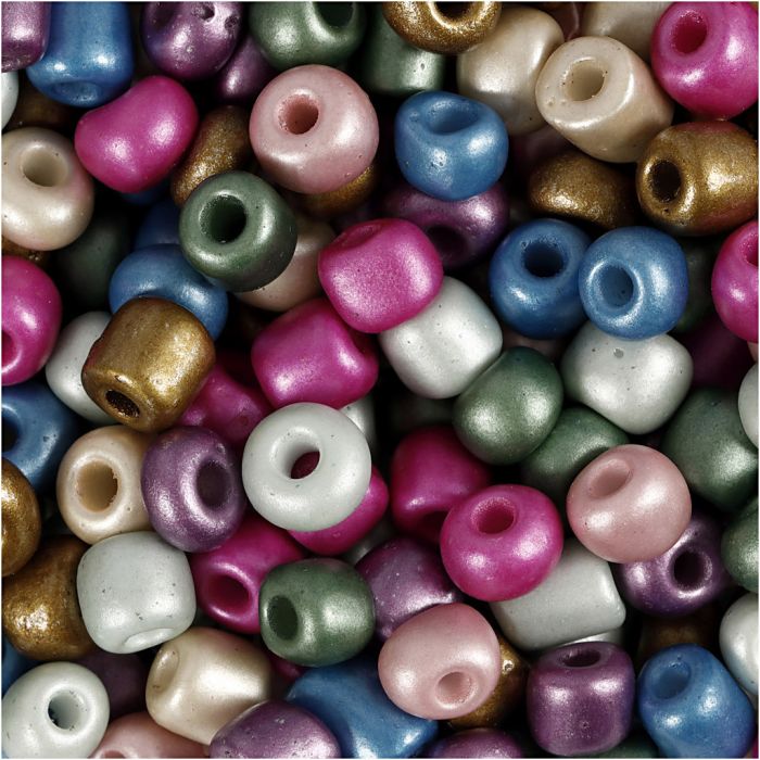 Rocaillesperler, dia. 5 mm, str. 4/0, hullstr. 1,2 mm, ca. 500 stk., metallic farger, 130 g/ 1 pk.