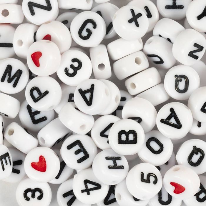 Bokstavperler, str. 7 mm, hullstr. 1,2 mm, ca. 200 stk., hvit, 25 g/ 1 pk.