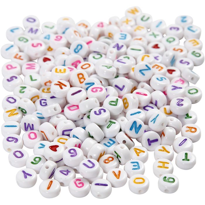 Bokstavperler, str. 7 mm, hullstr. 1,2 mm, ca. 1500 stk., hvit, 200 g/ 1 pk.
