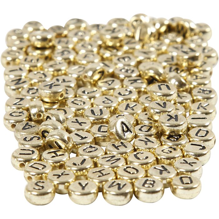 Bokstavperler, dia. 7 mm, hullstr. 1 mm, ca. 1500 stk., gull, 165 g/ 1 pk.