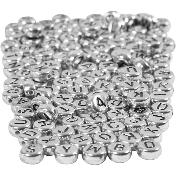Bokstavperler, dia. 7 mm, hullstr. 1,2 mm, ca. 1500 stk., sølv, 165 g/ 1 pk.