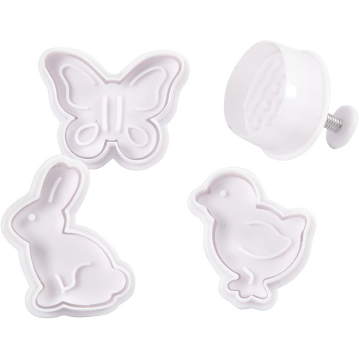 Utstikkere med preg, påskeegg, hare, kylling, sommerfugl, H: 5 cm, hvit, 4 stk./ 1 pk.