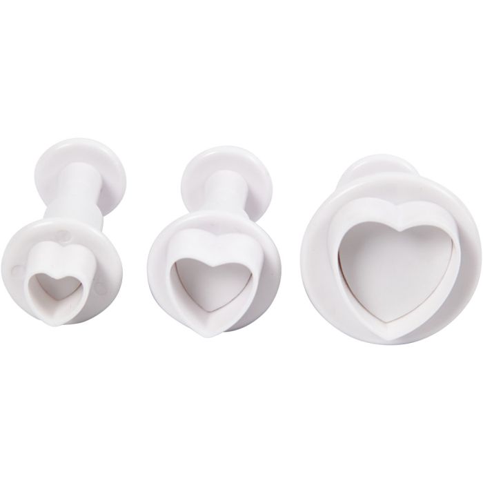 Utstikkere med preg, hjerte, dia. 2+2,3+3 cm, hvit, 3 stk./ 1 pk.