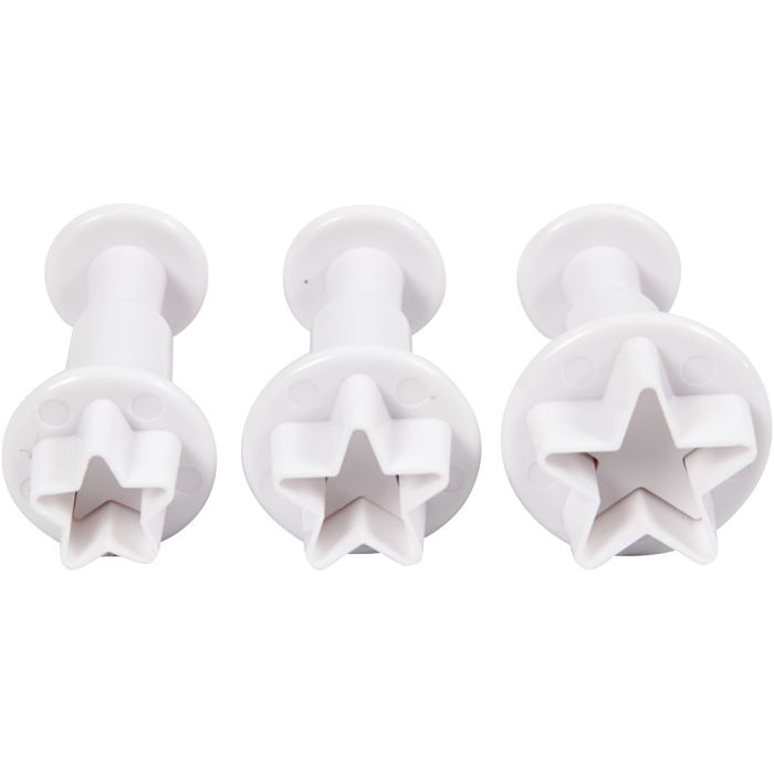Utstikkere med preg, stjerne, dia. 2,1+2,3+2,6 cm, hvit, 3 stk./ 1 pk.