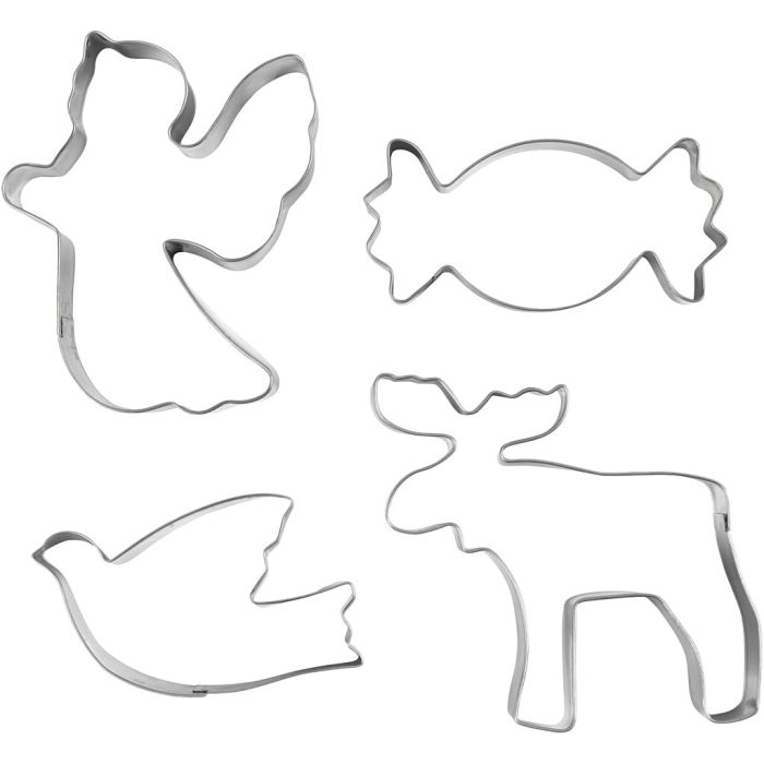 Utstikksformer, Engel, reinsdyr, due, godteri, H: 2 cm, str. 4,5-9 cm, metallsølv, 4 stk./ 1 pk.