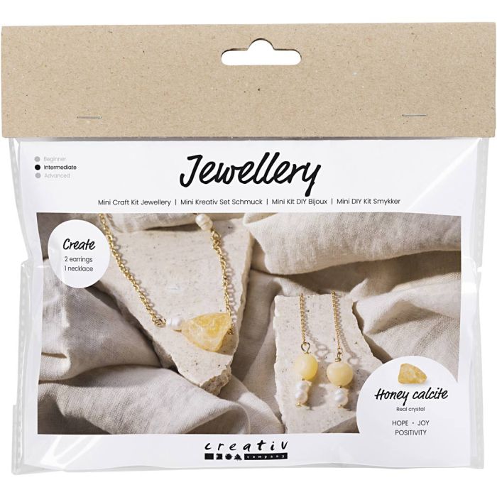 Mini DIY Kit Smykker, Honning Calcite halskjede og øreringer, 1 pk.