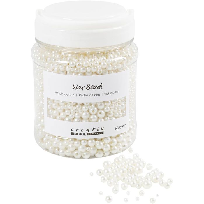 Voksperler, dia. 3-8 mm, hullstr. 1,3-2,5 mm, ca. 5000, hvit perlemor, 430 g, 700 ml/ 1 boks