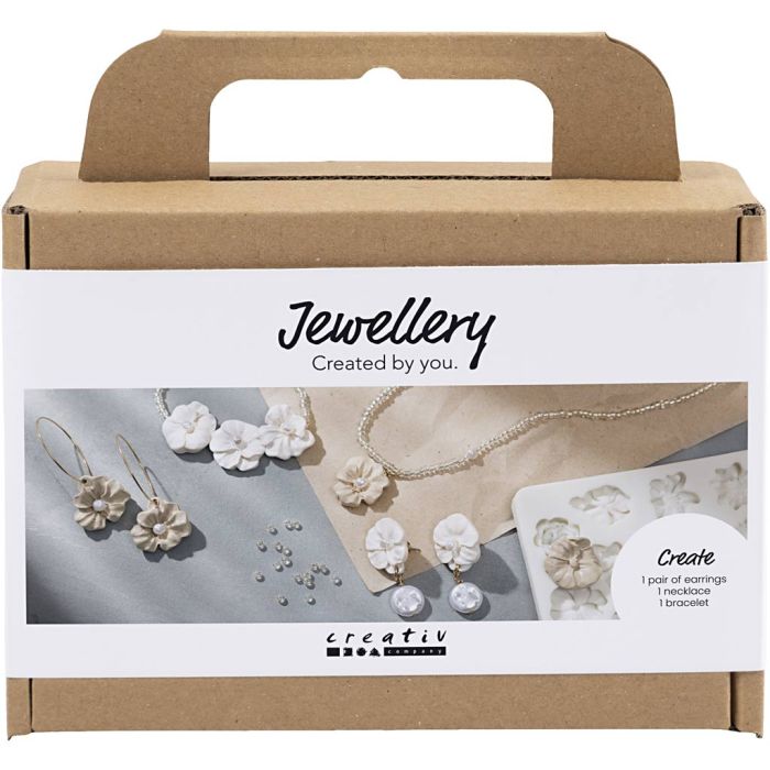 Mini DIY Kit Smykker, Øreringer, armbånd og halskjeder i blomsterdesign., beige, lys pulver, beige, 1 pk.