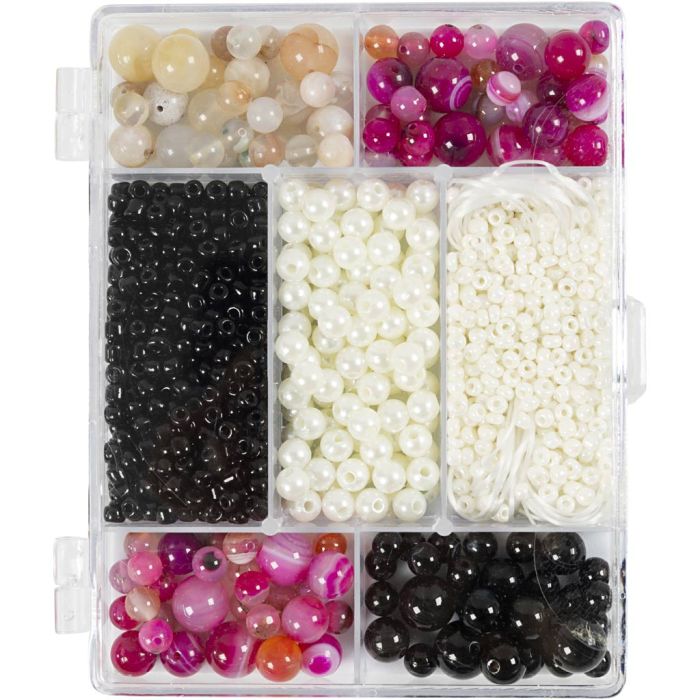 DIY Mix Smykker, Agater, str. 2,6-10 mm, hullstr. 0,8-1,8 mm, ca. 2740 stk., beige, svart, pink, hvit perlemor, 1 pk.