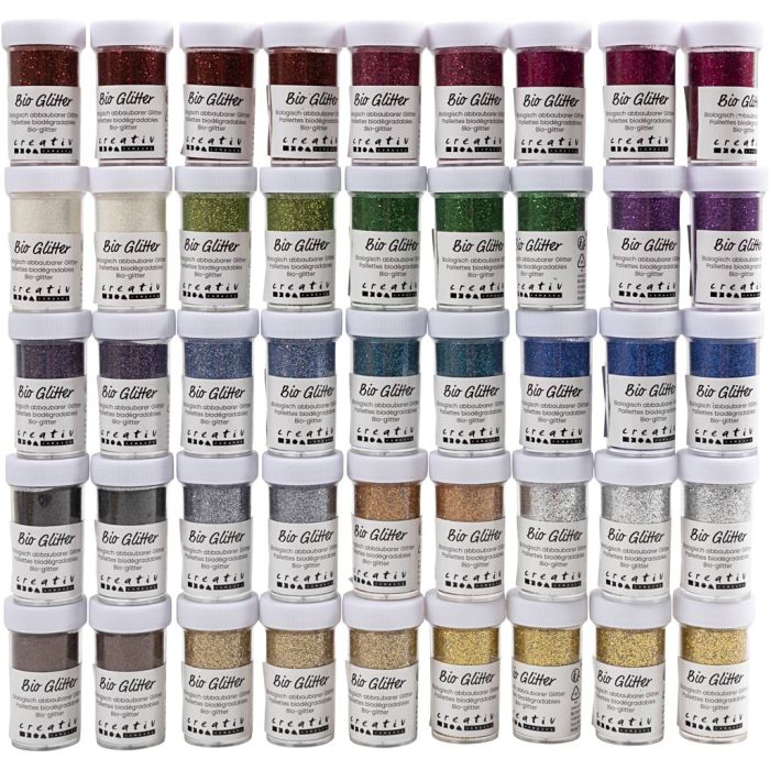 Biologisk nedbrytbart glitter, ass. farger, 46x27 ml/ 1 pk.