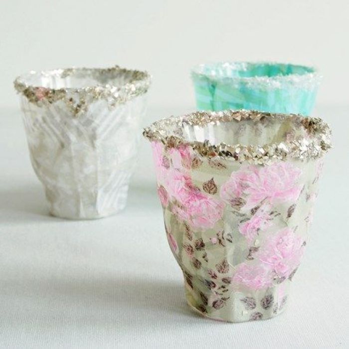 Lysglass med Skagen decoupagepapir og glitter på kanten