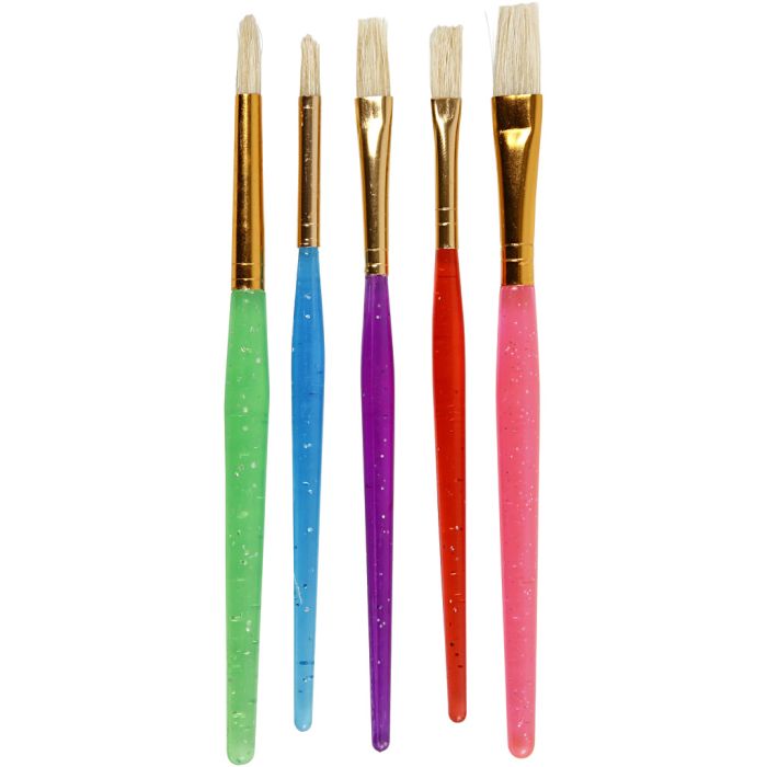 Barnepensler, nr. 8+12+18, L: 14-16 cm, B: 5-10 mm, flat,rund, ass. farger, 5 stk./ 1 pk.