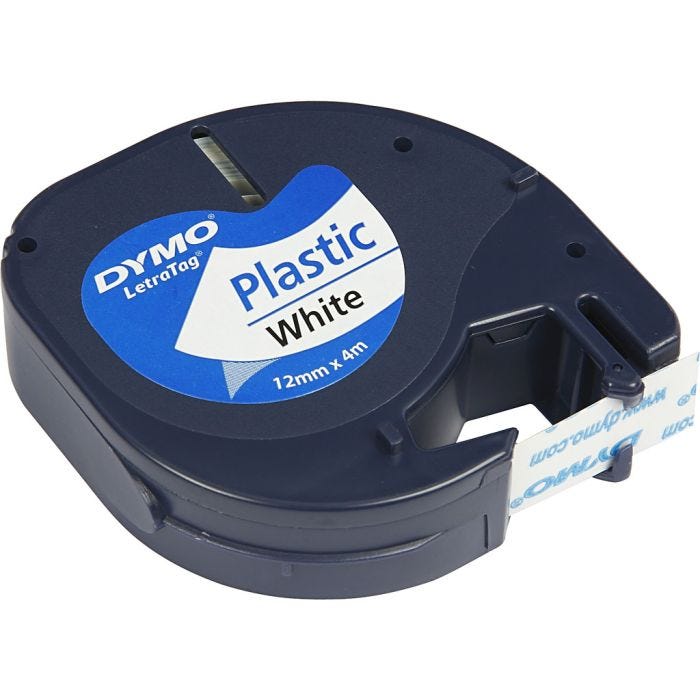 Dymo Tape Plast, L: 4 M, B: 12 mm, hvit, 4 m/ 1 rl.