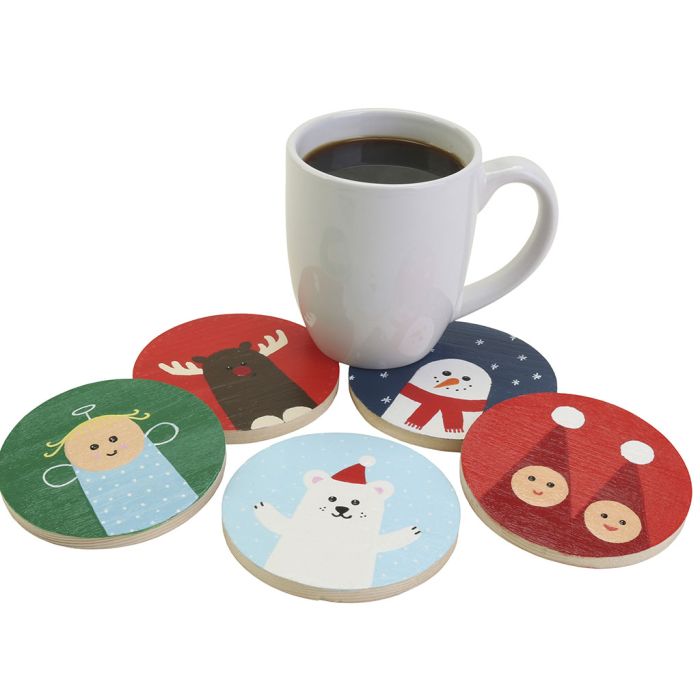 Søte coasters/glassbrikker i tre med julefigurer