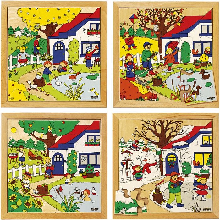Puslespill, årstider, str. 34x34 cm, 9-16 brikker, 4 stk./ 1 sett