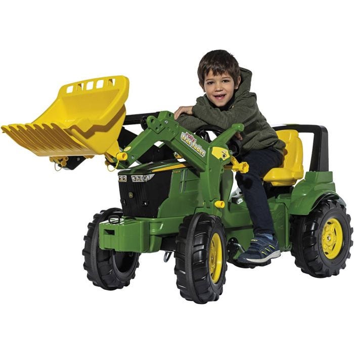 John Deere traktor med frontskuffe, H: 54 cm, L: 150 cm, B: 75 cm, grønn, 1 stk.