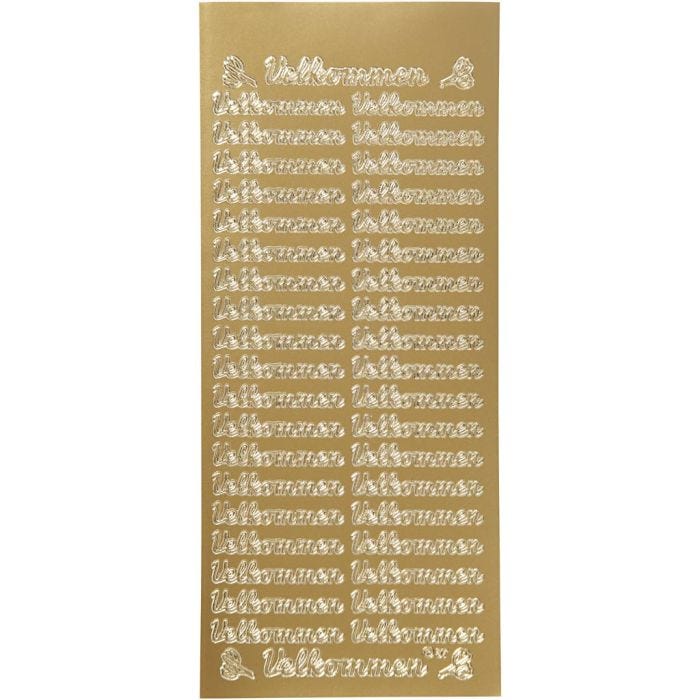 Stickers, velkommen, ark 10x23 cm, gull, 1 ark