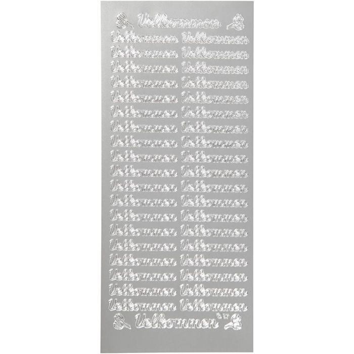 Stickers, velkommen, ark 10x23 cm, sølv, 1 ark