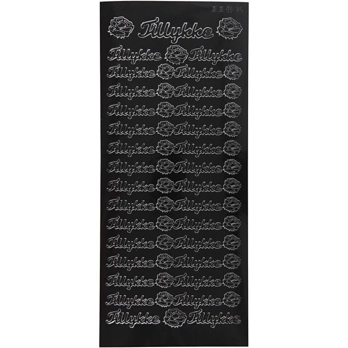 Stickers, tillykke, ark 10x23 cm, svart, 1 ark