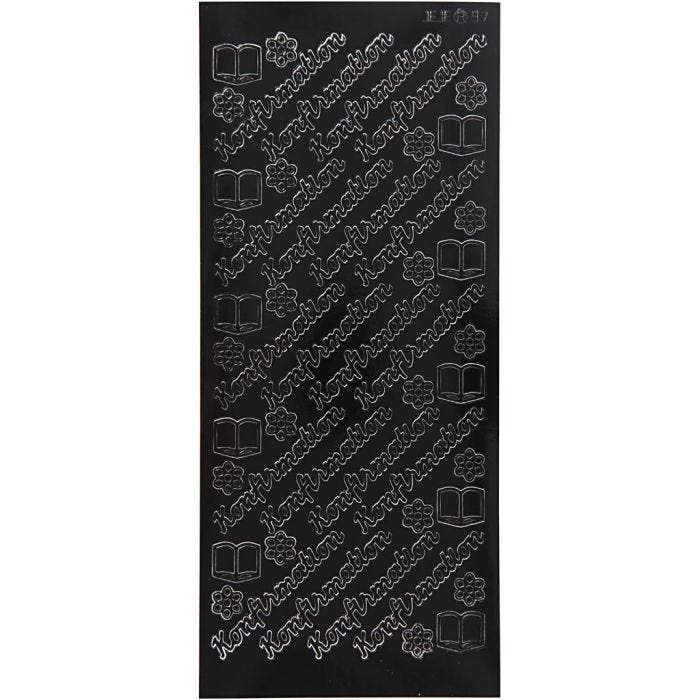 Stickers, konfirmation, ark 10x23 cm, svart, 1 ark