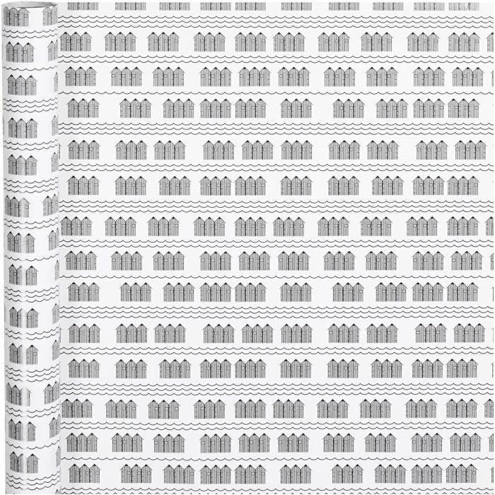 Gavepapir, badehus, B: 70 cm, 80 g, svart, hvit, 4 m/ 1 rl.