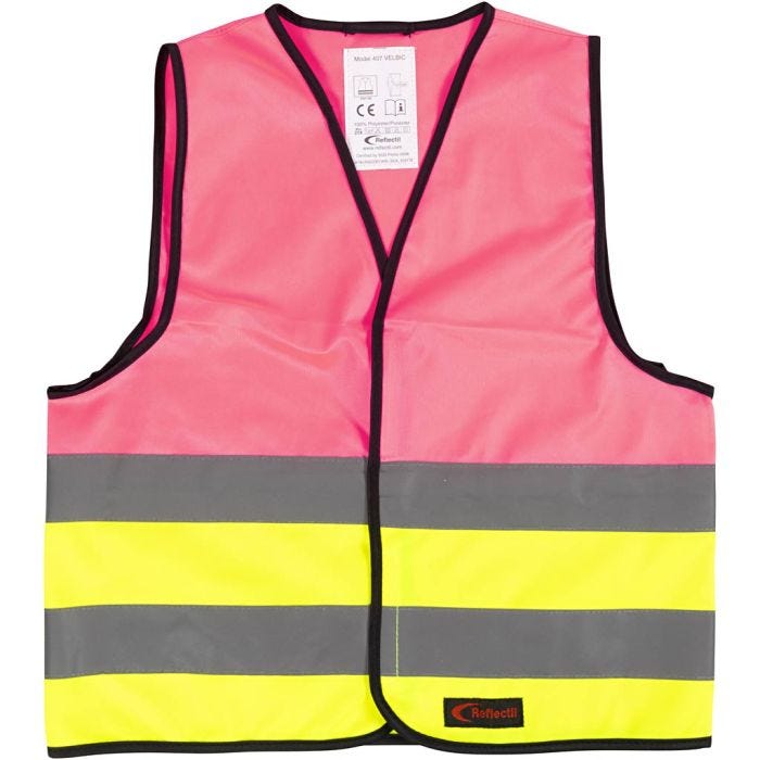 Refleksvest for barn, L: 51 cm, B: 46 cm, str. 6-10 år, pink, gul, 1 stk.