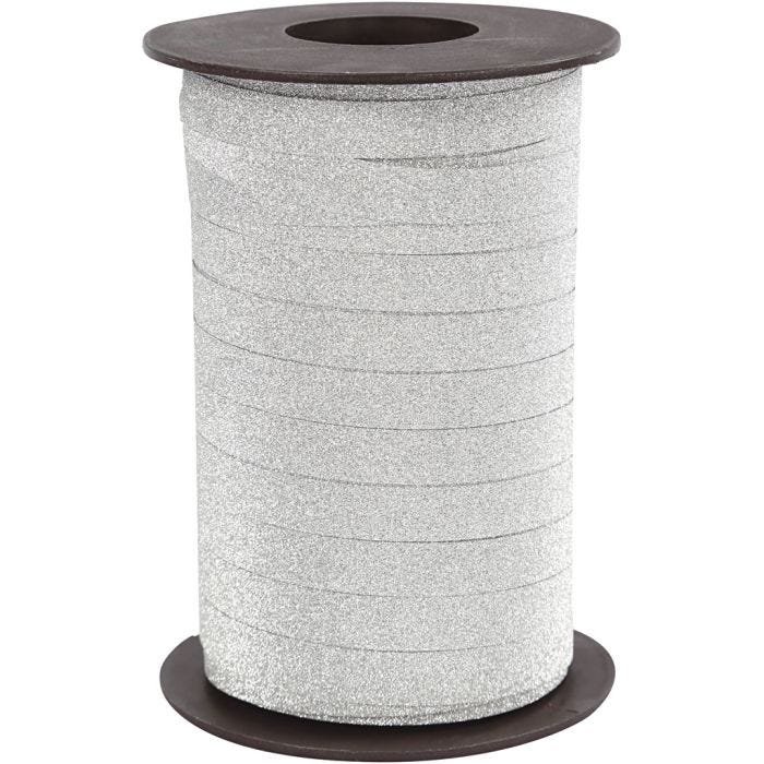 Gavebånd, B: 10 mm, glitter, sølv, 100 m/ 1 pk.
