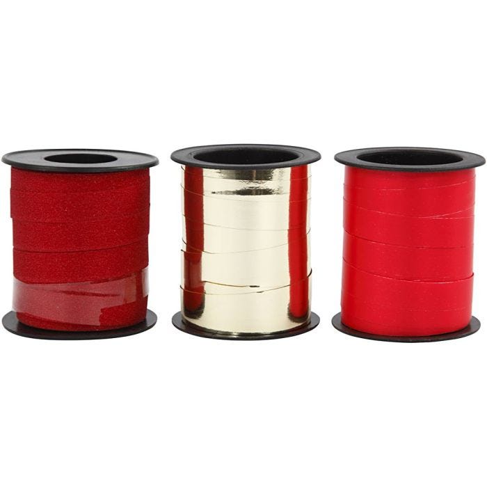 Gavebånd, B: 10 mm, gull, rød, rød glitter, 3x15 m/ 1 pk.