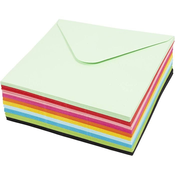 Fargede konvolutter, konvolutt str. 16x16 cm, 80 g, ass. farger, 10x10 stk./ 1 pk.