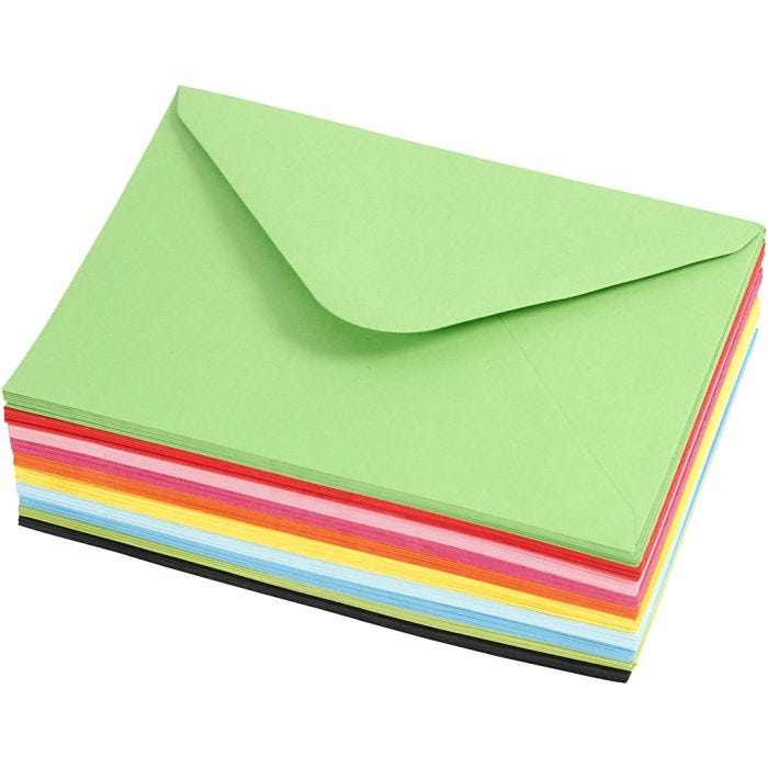 Konvolutt, konvolutt str. 11,5x16 cm, 80 g, ass. farger, 10x10 stk./ 1 pk.