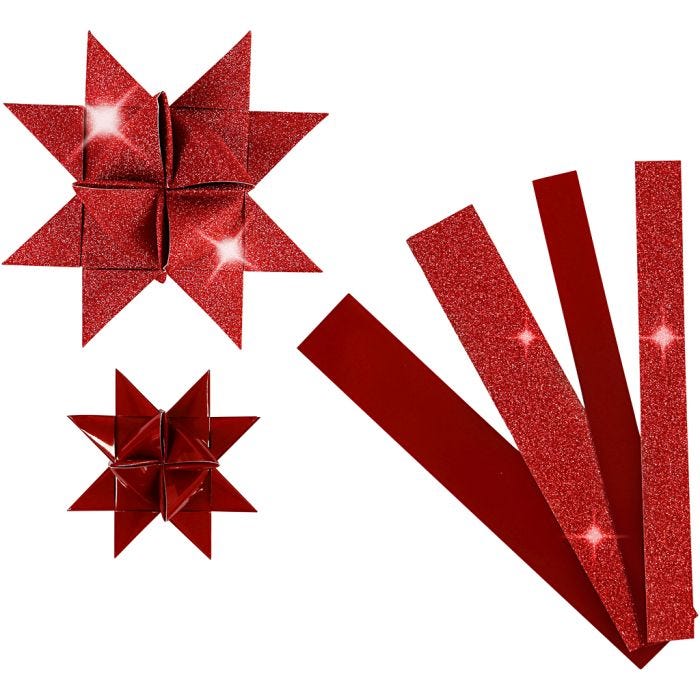 Stjernestrimler, L: 44+78 cm, dia. 6,5+11,5 cm, B: 15+25 mm, glitter,lakk, rød, 40strimler/ 1 pk.