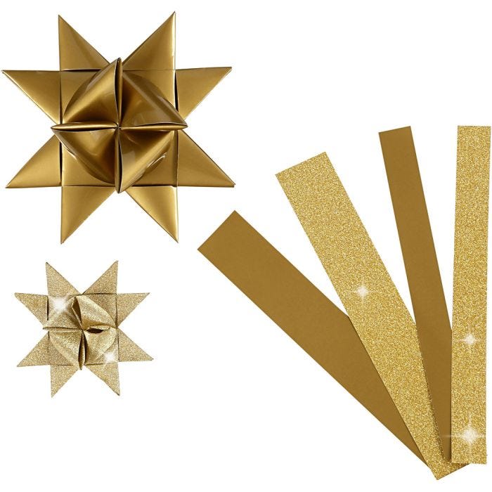 Stjernestrimler, L: 44+78 cm, B: 15+25 mm, dia. 6,5+11,5 cm, glitter,lakk, gull, 40strimler/ 1 pk.