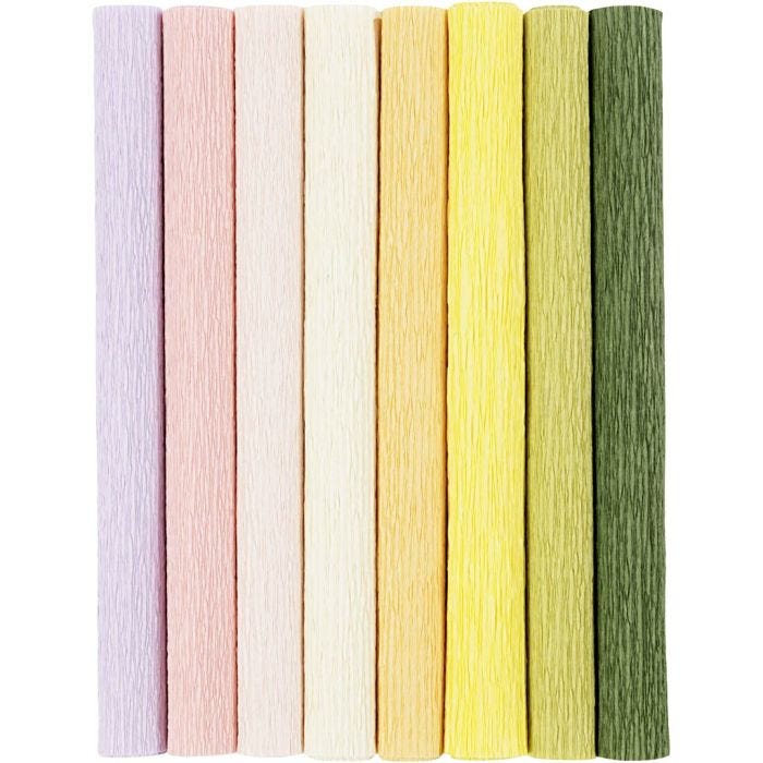 Kreppapir, ark 25x60 cm, Strekk-/krep: 180%, 105 g, pastellfarger, 8 ark/ 1 pk.