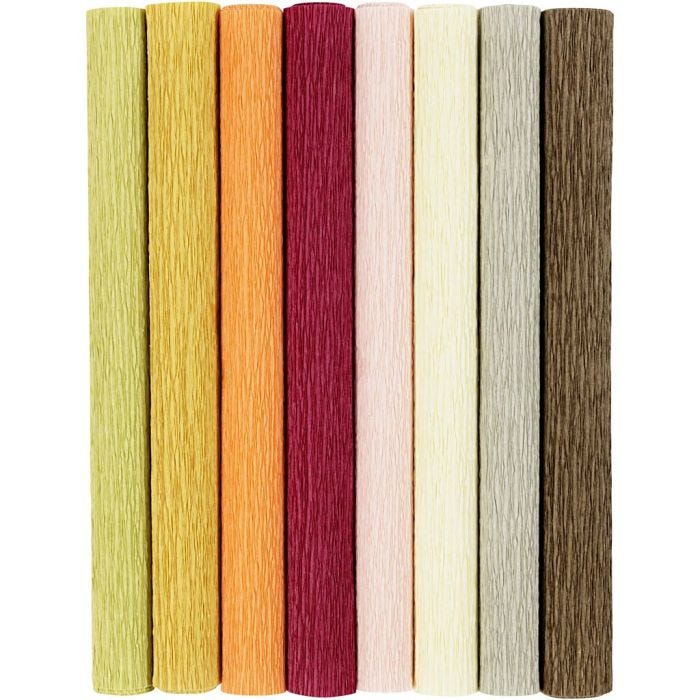 Kreppapir, ark 25x60 cm, Strekk-/krep: 180%, 105 g, douche farger, 8 ark/ 1 pk.
