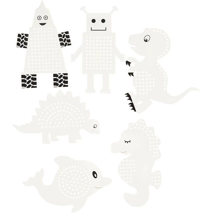 Broderifigurer, dyr/robotter, H: 8-13 cm, B: 8-13 cm, hvit, 6x3stk./ 1 pk.