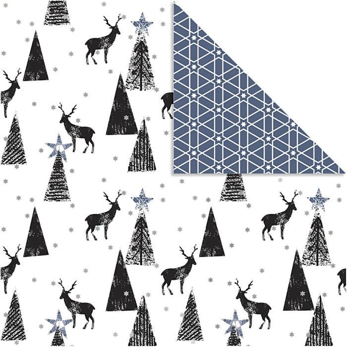Designpapir, hjort &amp; mønster, 180 g, svart, sølv, hvit, 3 ark/ 1 pk.