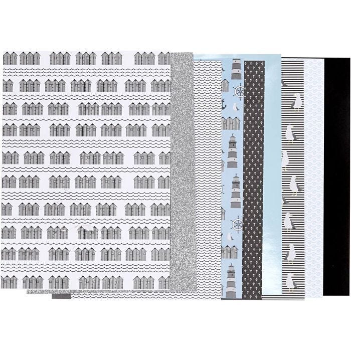 Designpapir i blokk, str. 21x30 cm, 120+128 g, svart, blå, grå, hvit, 24 ark/ 1 pk.