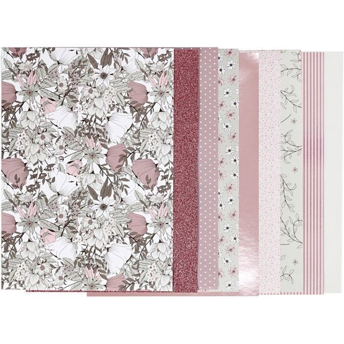 Designpapir i blokk, str. 21x30 cm, 120+128 g, beige, brun, rosa, hvit, 24ark/ 1 pk.