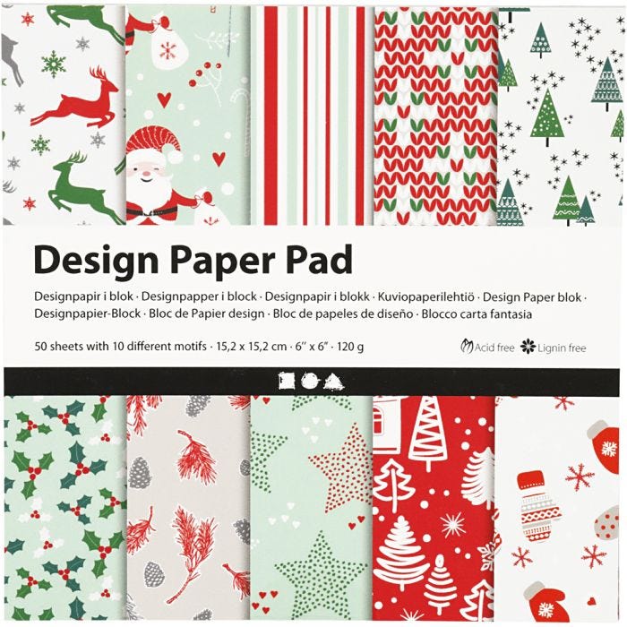 Designpapir i blokk, ark 15,2x15,2 cm, 120 g, grønn, rød, hvit, 50 ark/ 1 pk.