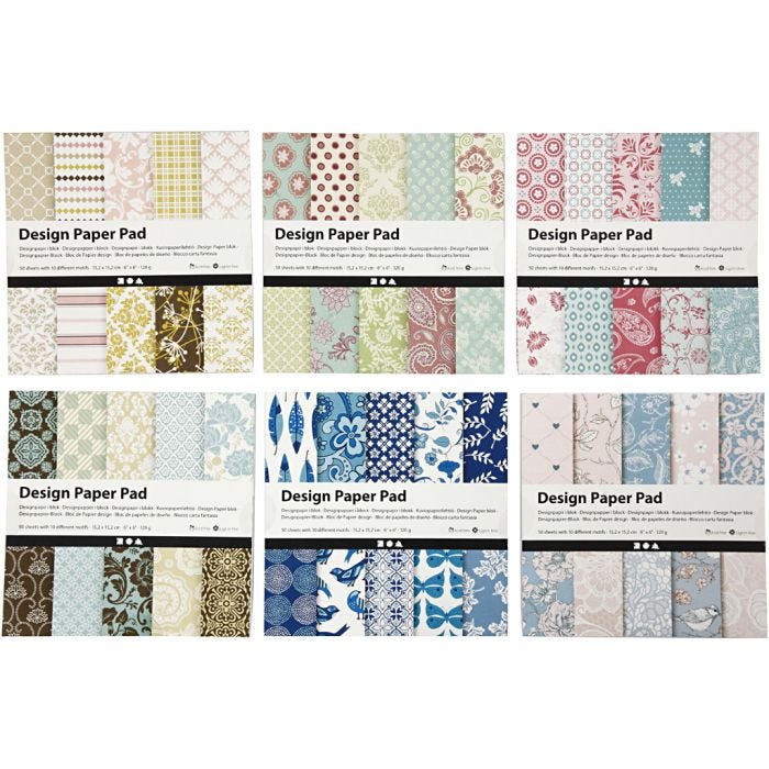 Designpapir i blokk, ark 15,2x15,2 cm, 120 g, ass. farger, 300 ark, 6x50 ark/ 1 pk.