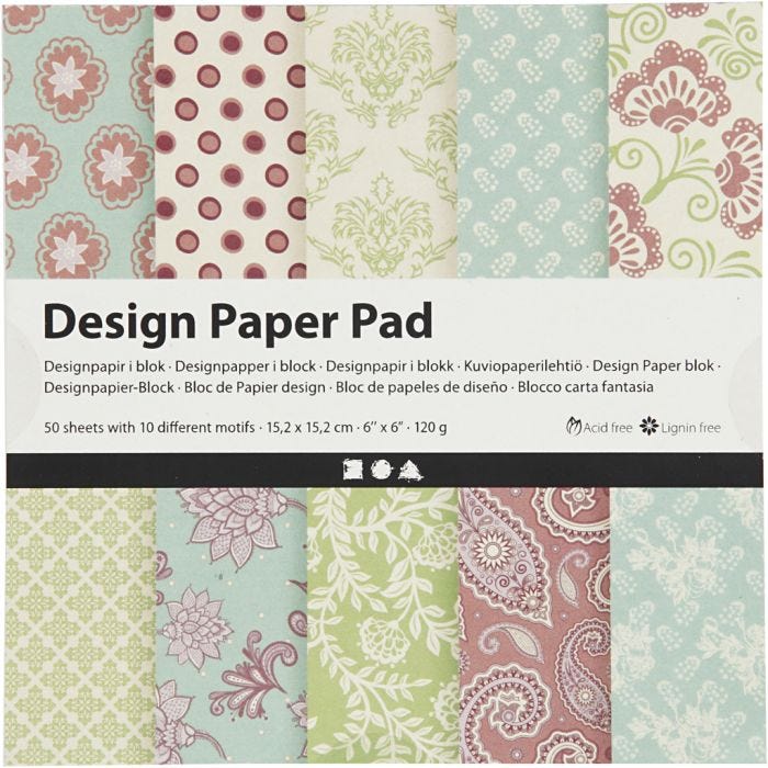 Designpapir i blokk, ark 15,2x15,2 cm, 120 g, mintgrønn, lilla, 50ark/ 1 pk.