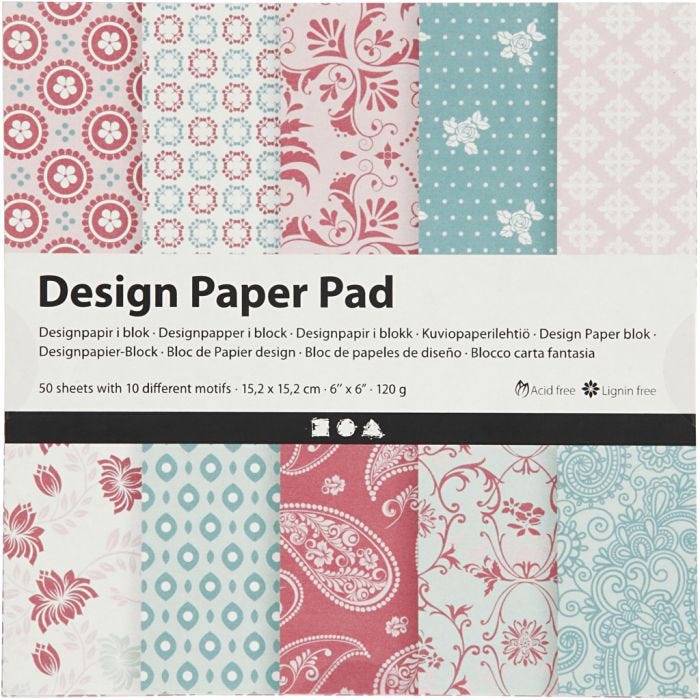 Designpapir i blokk, ark 15,2x15,2 cm, 120 g, rosa, 50ark/ 1 pk.