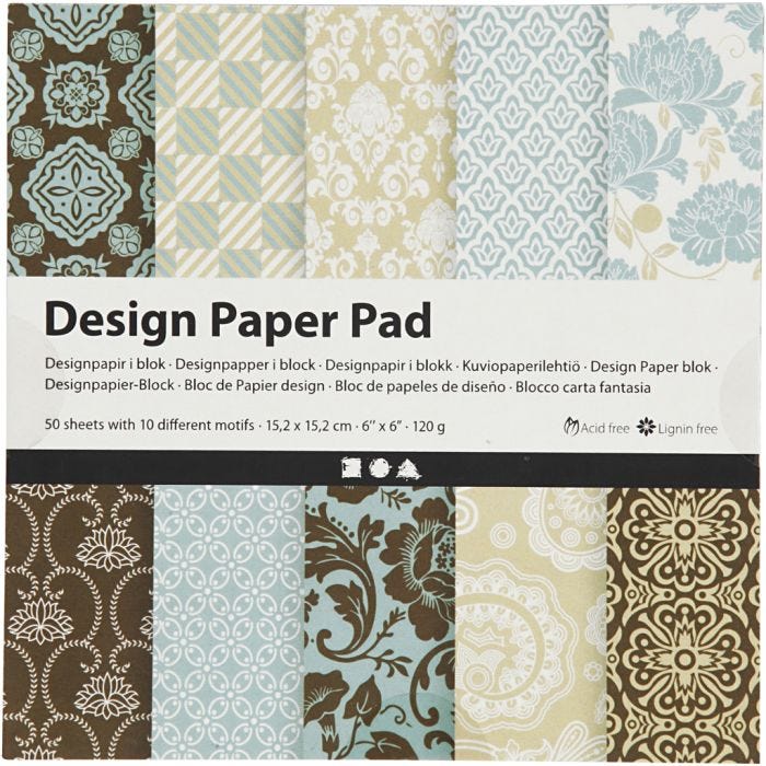 Designpapir i blokk, ark 15,2x15,2 cm, 120 g, lys blå, brun, 50ark/ 1 pk.