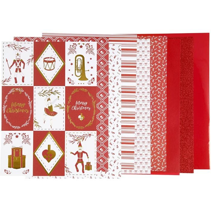 Designpapir i blokk, str. 21x30 cm, 120+128 g, rød, hvit, 24 ark/ 1 pk.