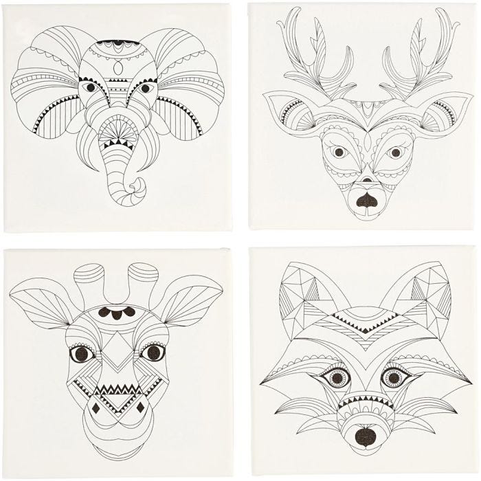 Malelerret med print, dyr, str. 20x20 cm, 280 g, hvit, 4 stk./ 1 pk.