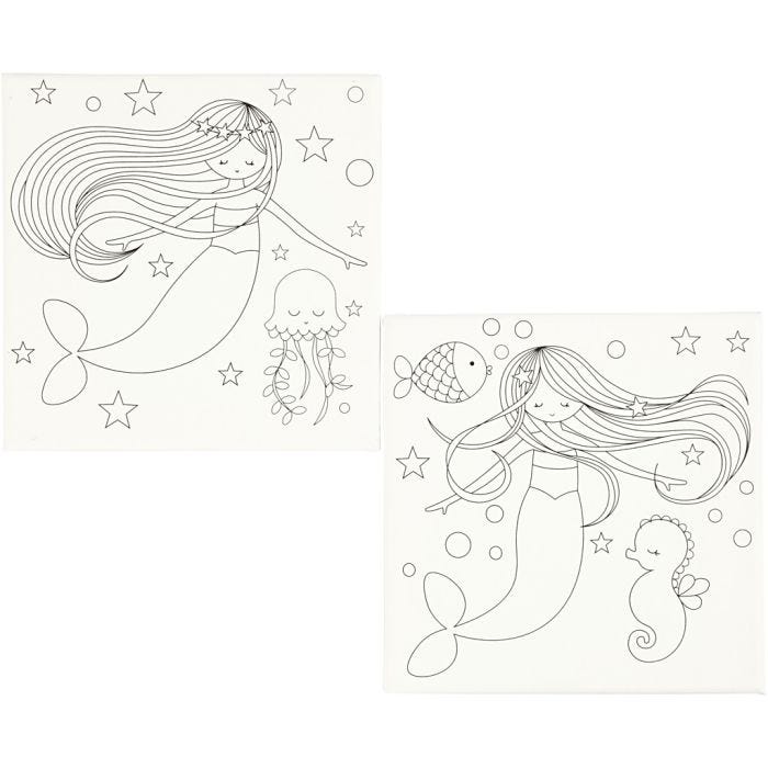 Malelerret med print, havfrue, str. 20x20 cm, 280 g, hvit, 2 stk./ 1 pk.