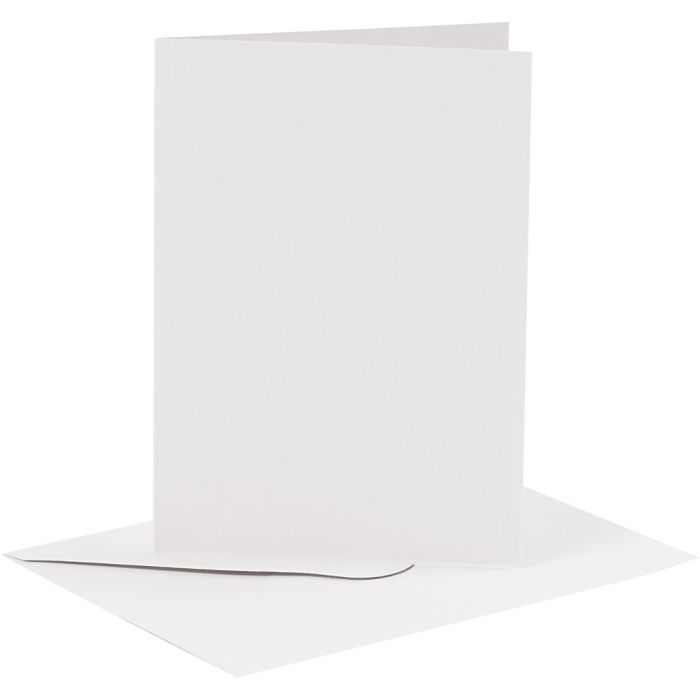 Kort og konvolutter, kort str. 10,5x15 cm, konvolutt str. 11,5x16,5 cm, 110+230 g, hvit, 6sett/ 1 pk.