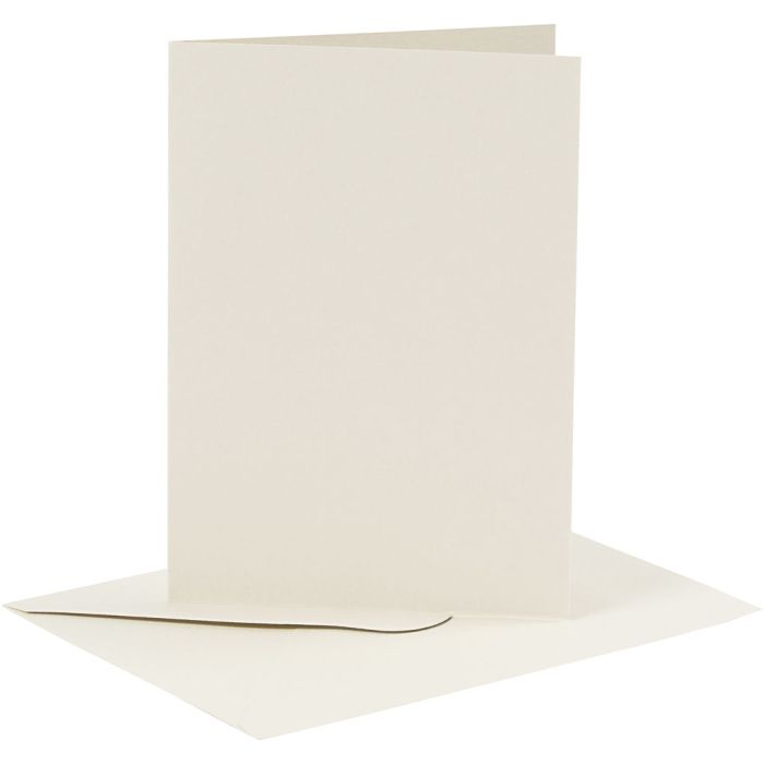 Kort og konvolutter, kort str. 10,5x15 cm, konvolutt str. 11,5x16,5 cm, 110+230 g, råhvit, 6 sett/ 1 pk.